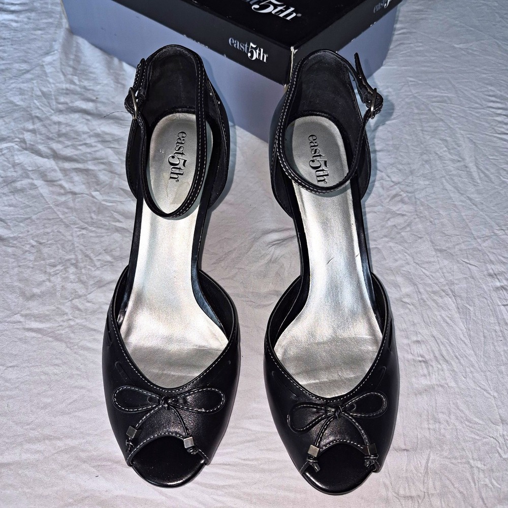 east5th Black Leather Strappy Ankle Strap Open Toe Heels Women's Size 8M